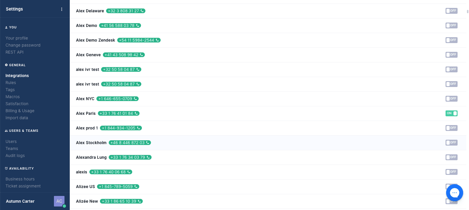 List of phone numbers in Gorgias settings, each with a toggle to enable or disable Aircall integration