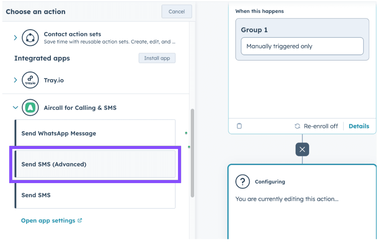 send SMS (Advanced) option in Hubspot