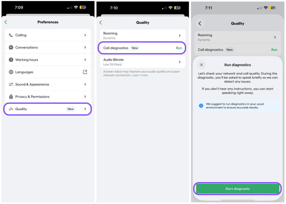 Image showing how to access call diagnostics from the settings menu