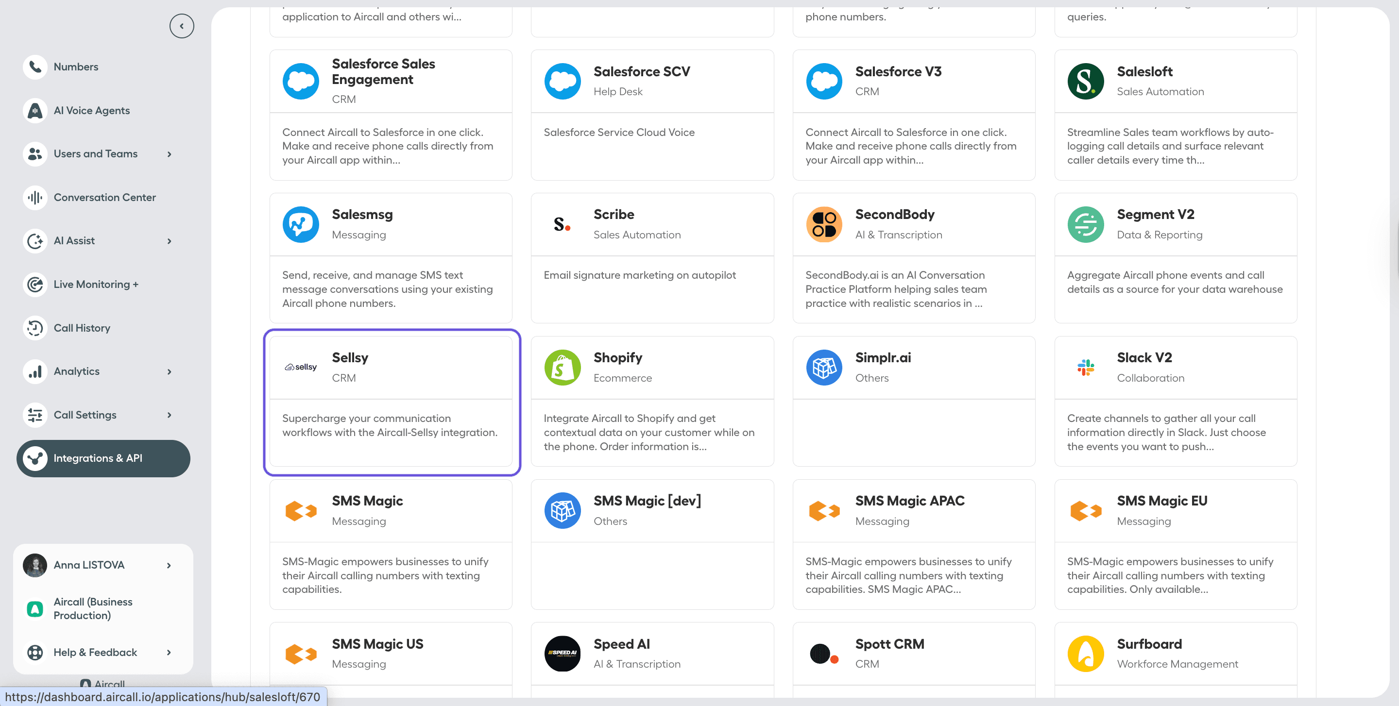 Aircall Integrations page showing the Sellsy integration tile selected.png