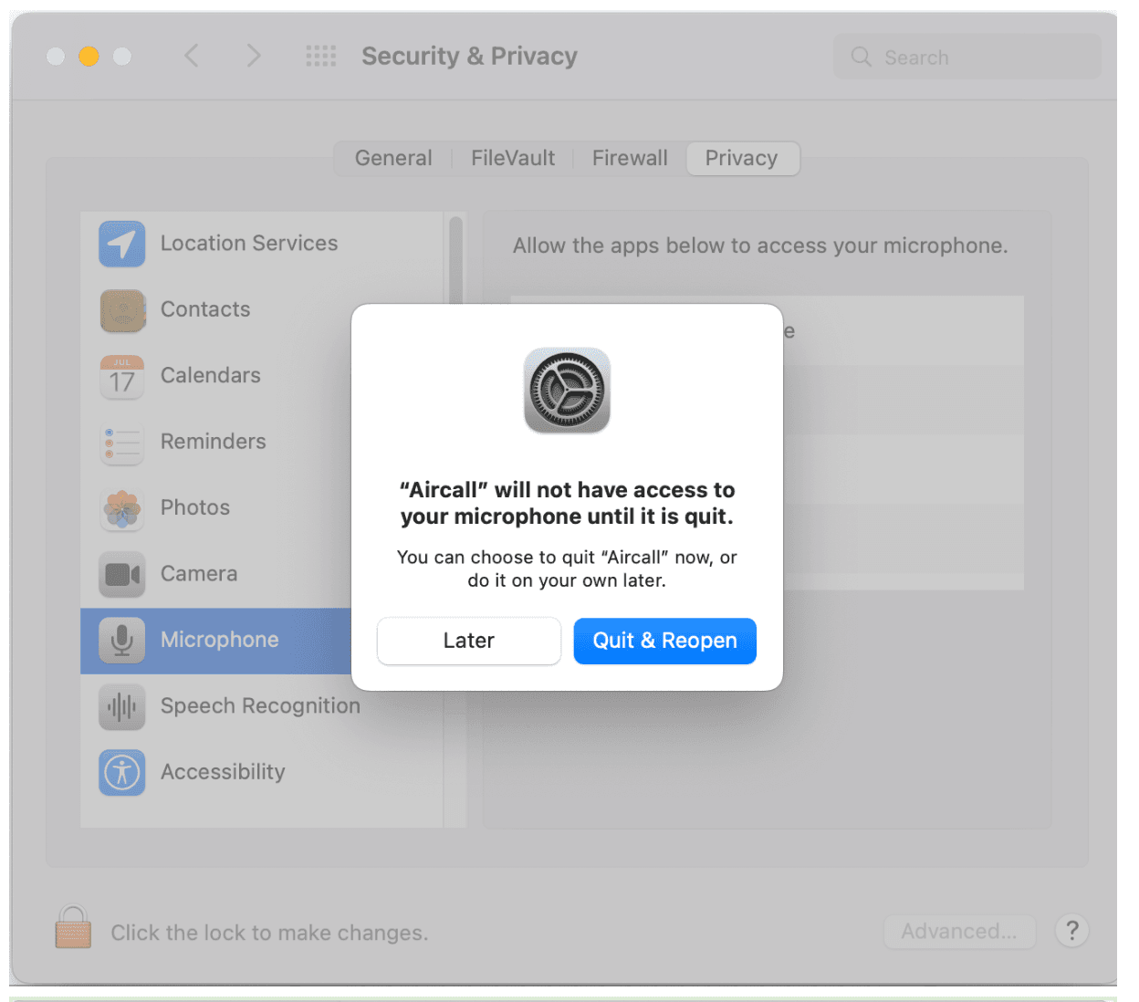 macOS prompt stating Aircall must be quit and reopened to apply microphone access changes.
