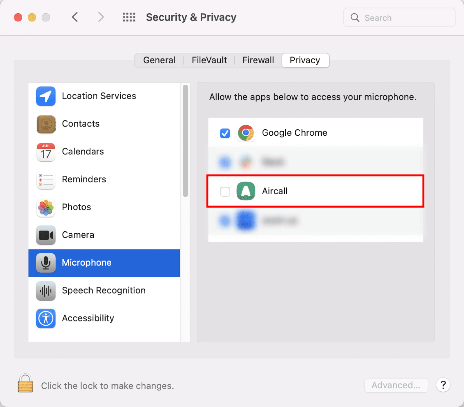 Security & Privacy settings displaying Aircall unchecked under Microphone access.