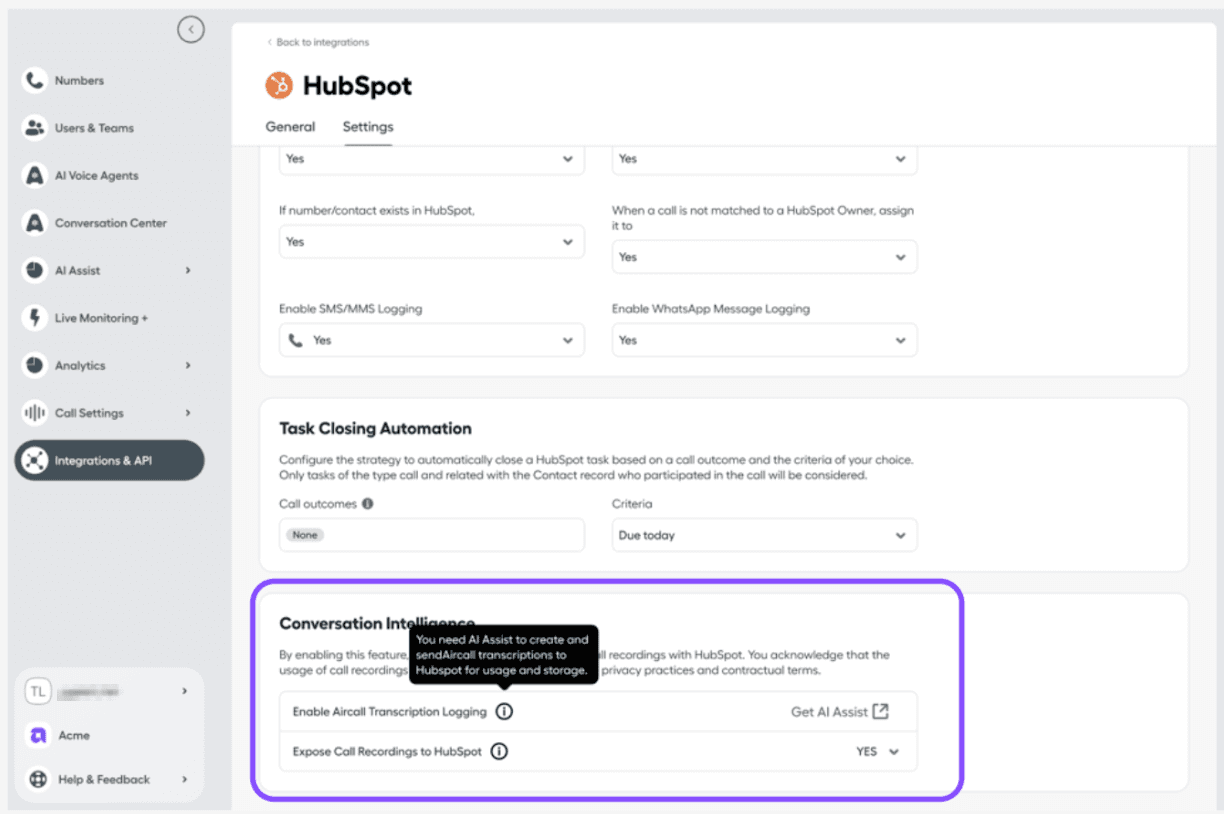 Image showing the different options under conversation intelligence section