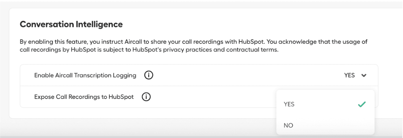 Image showing how to turn on Aircall Transcript if you have AI assist