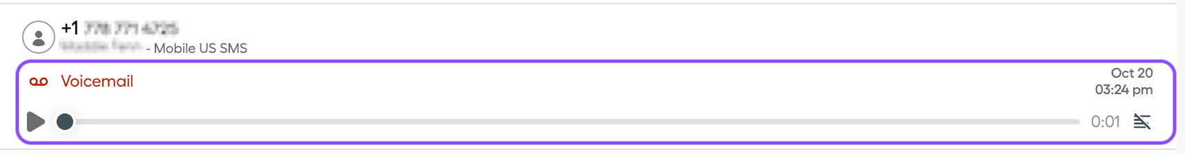 Image showing how the voicemail looks like in the Conversations section