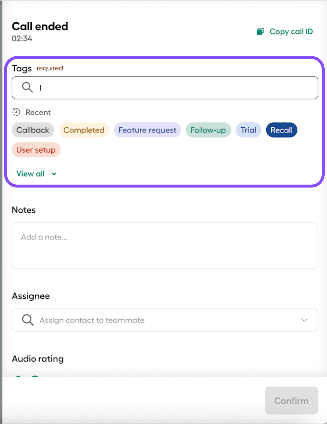Image showing where to find recent tags in the call ended view