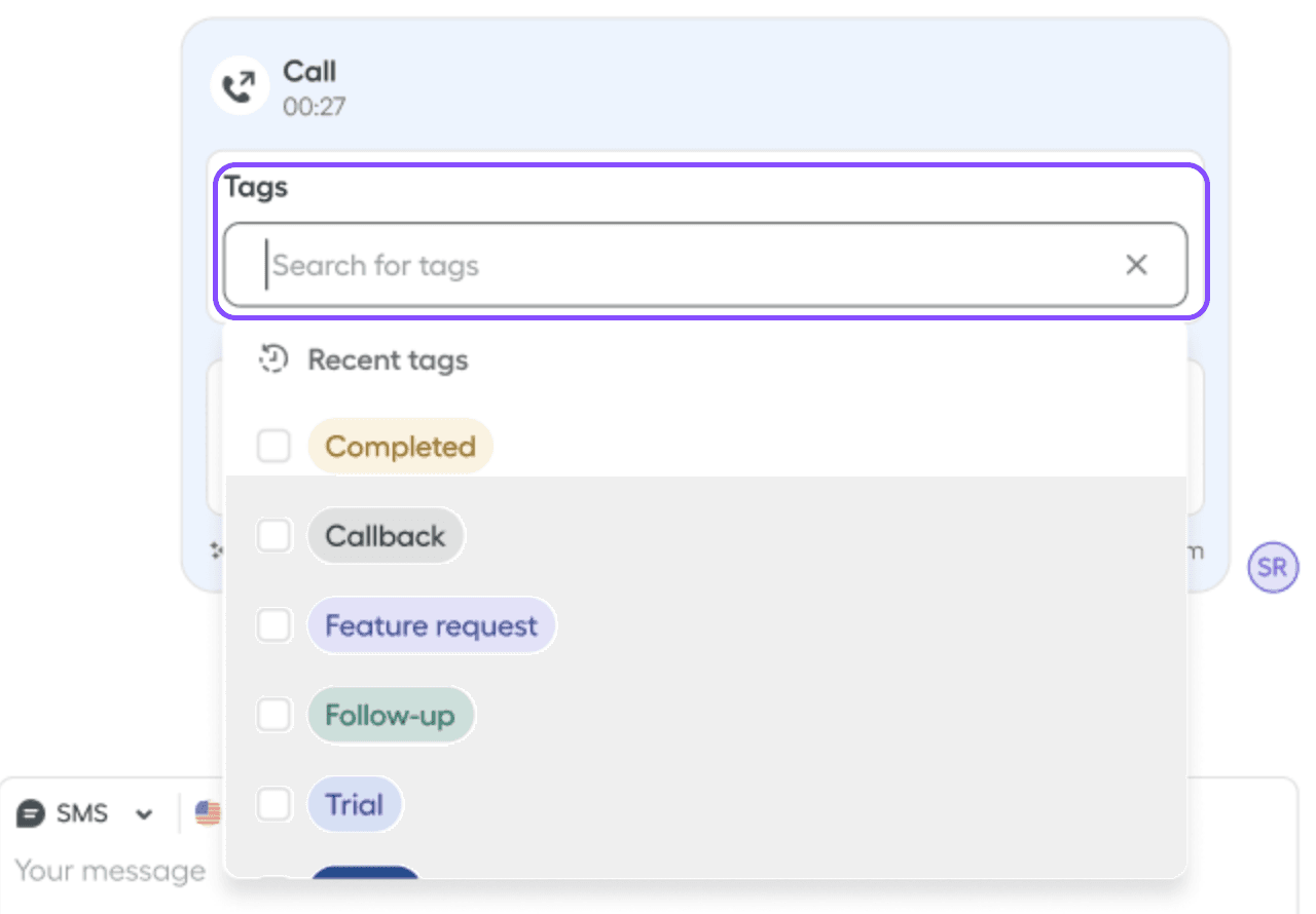 Image showing where to find recent tags in the call bubble