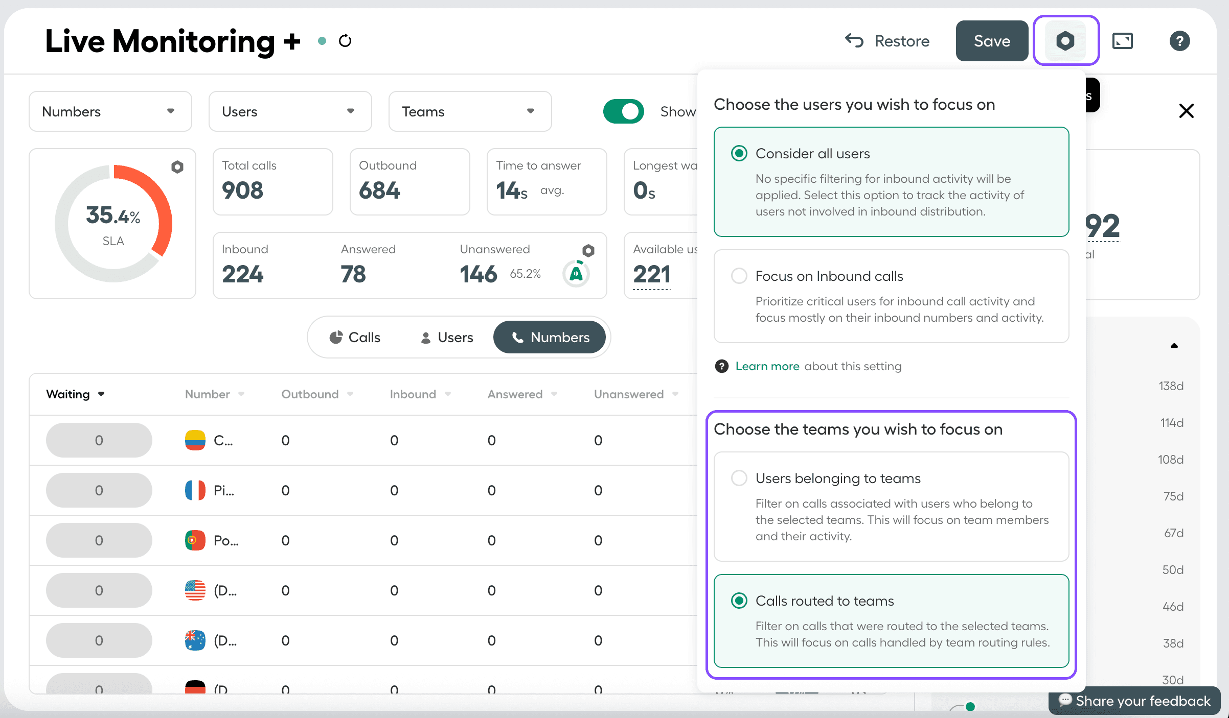 Image showing the setting to choose the teams you wish to focus on for Live Monitoring+