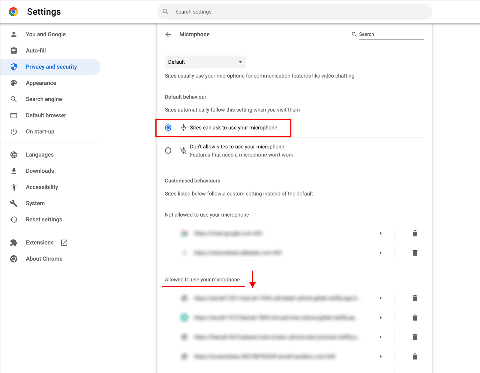 Chrome Privacy and security settings with ‘Sites can ask to use your microphone’ enabled.