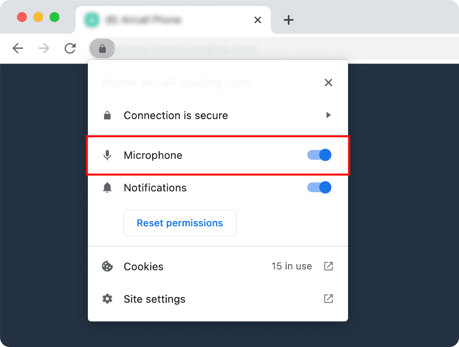 Chrome site settings showing microphone access enabled for the current website.