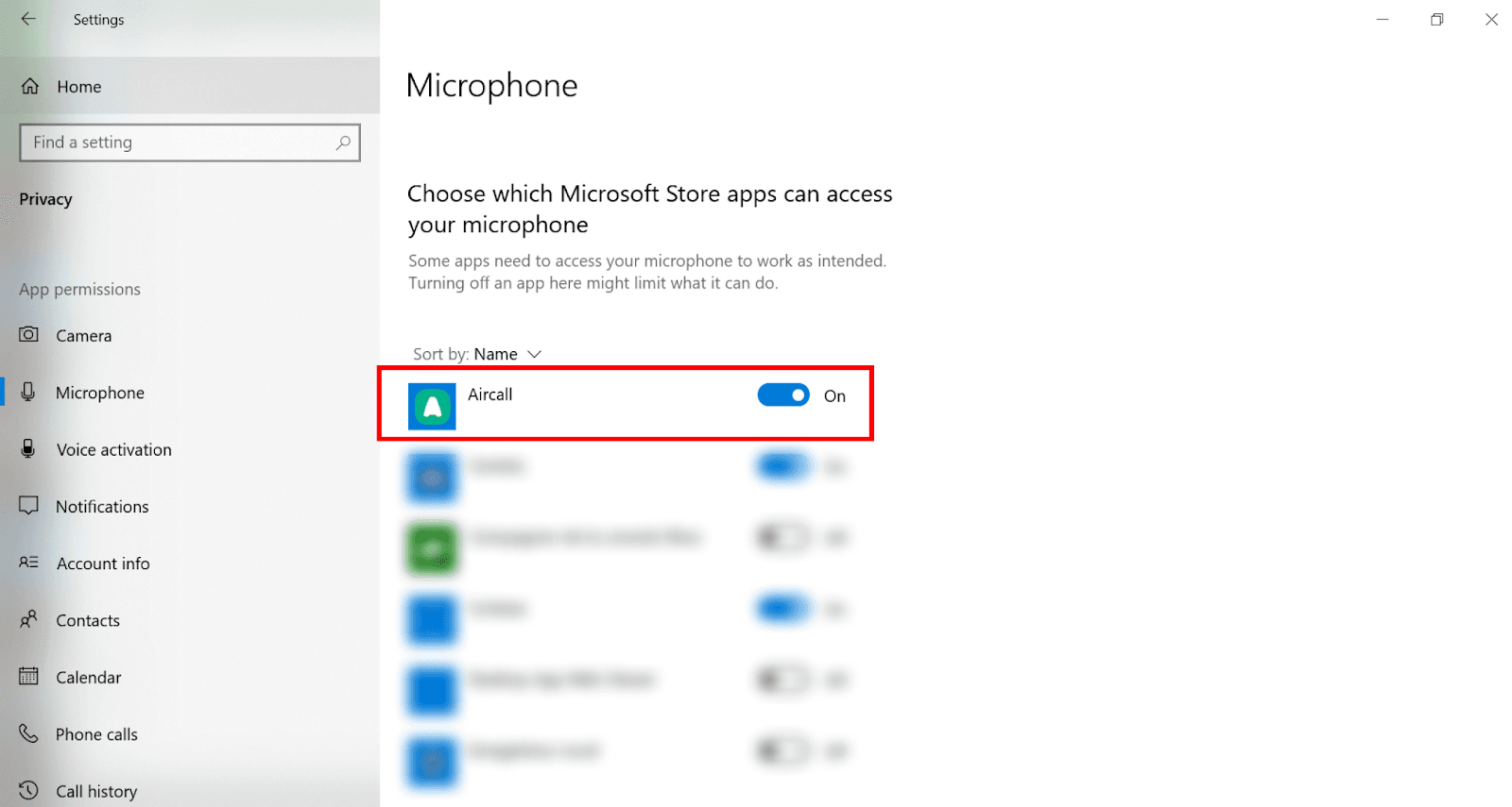 Windows app permissions list showing Aircall allowed to access the microphone