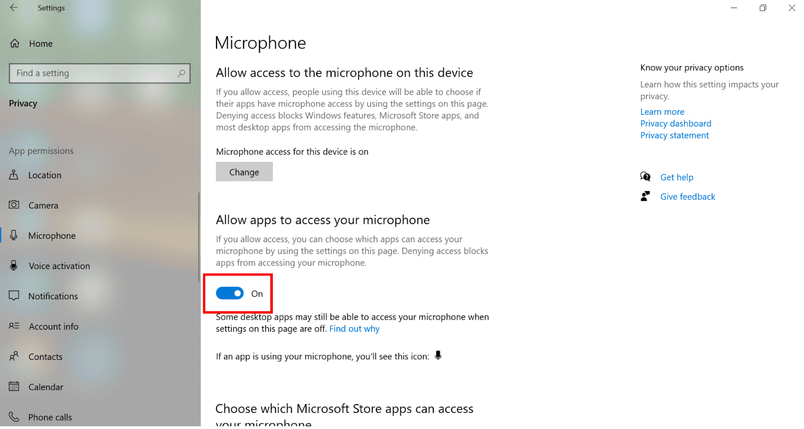 Windows microphone access toggle enabled for apps