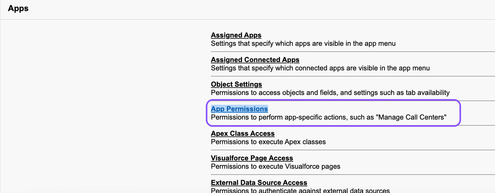 Image showing where to find the Apps permissions