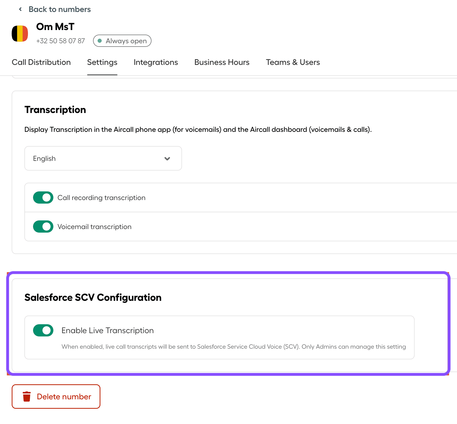 Image showing Aircall dashboard steps for real-time transcription