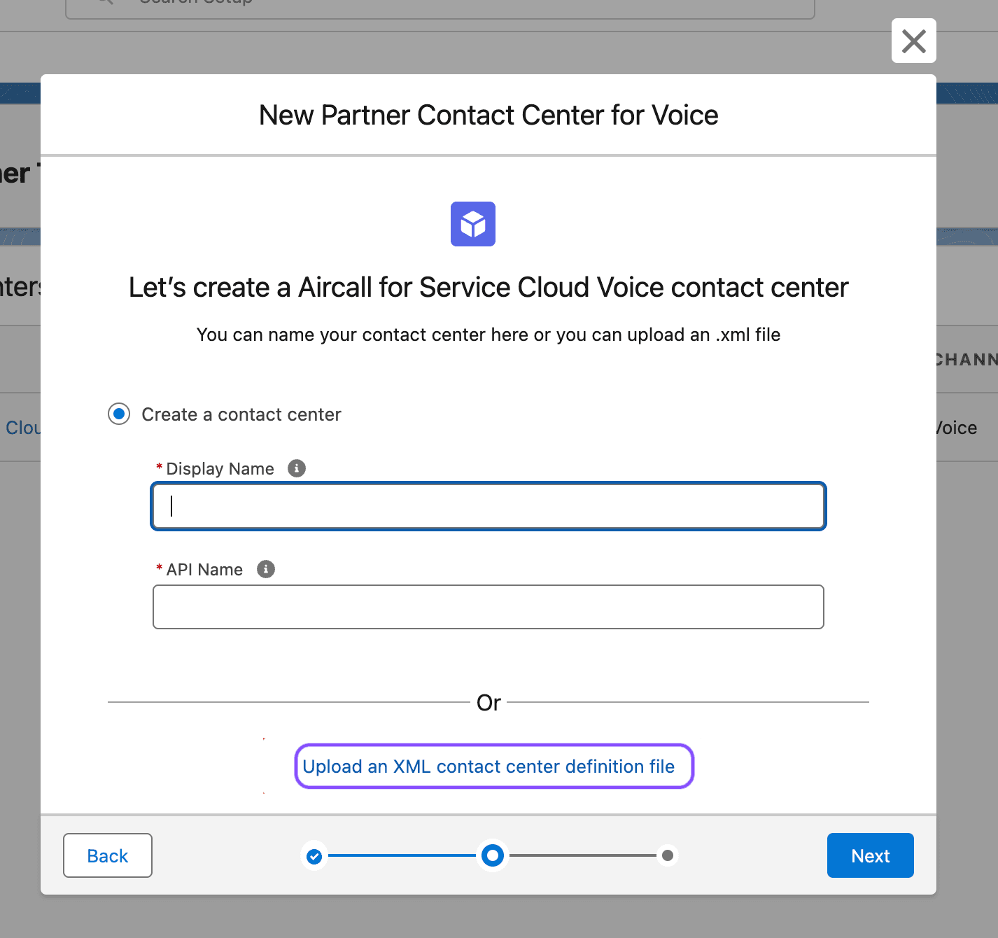 Image showing the Upload an XML contact center definition file button