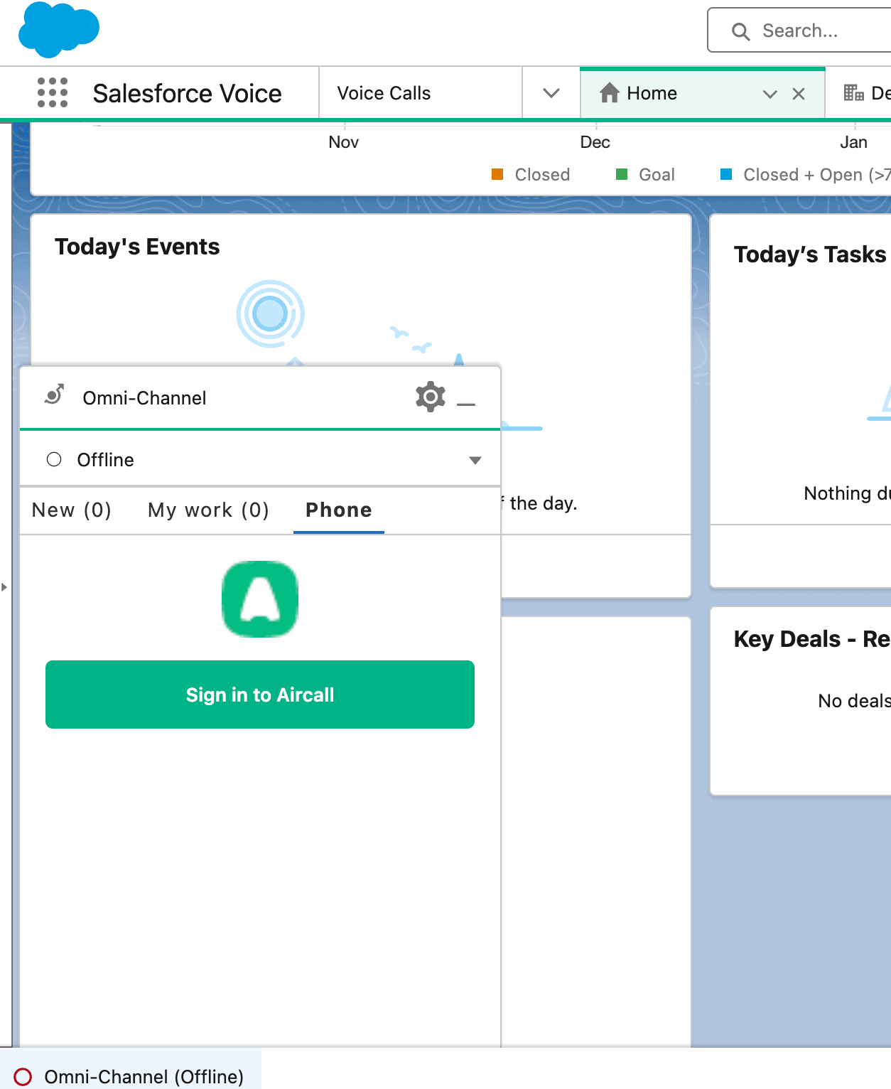Image showing the Aircall Login button in the Omni-channel utility available from the bottom bar