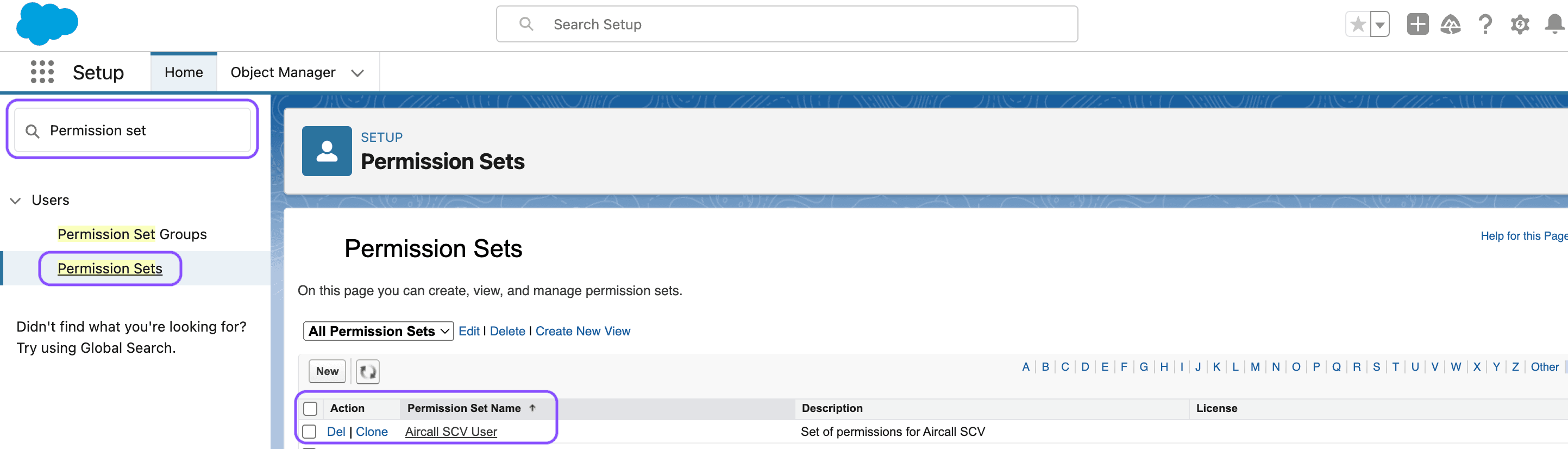 Image showing where to find the Aircall SCV User permission set and the clone button