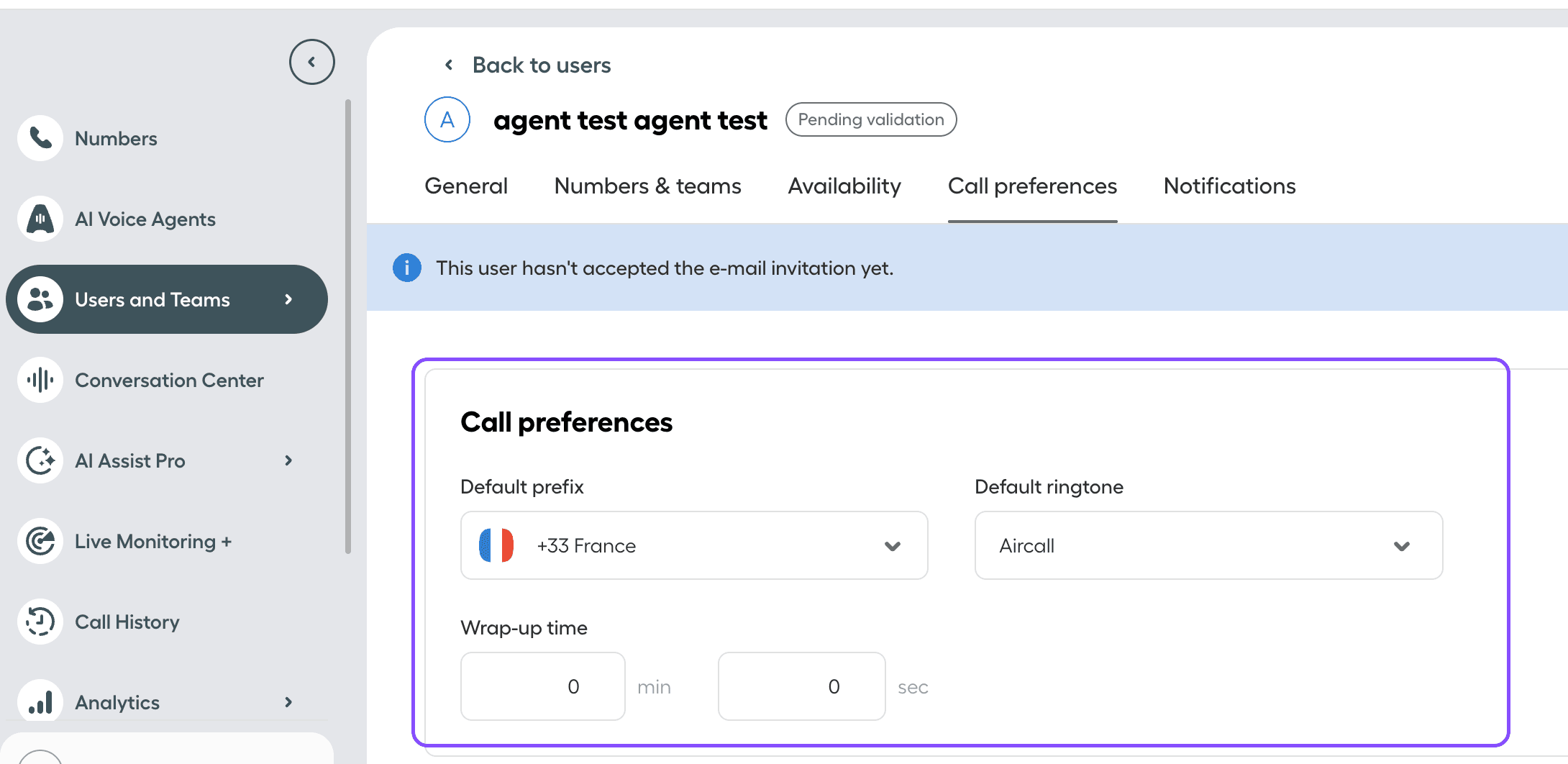 Image showing call preferences in aircall dashboard