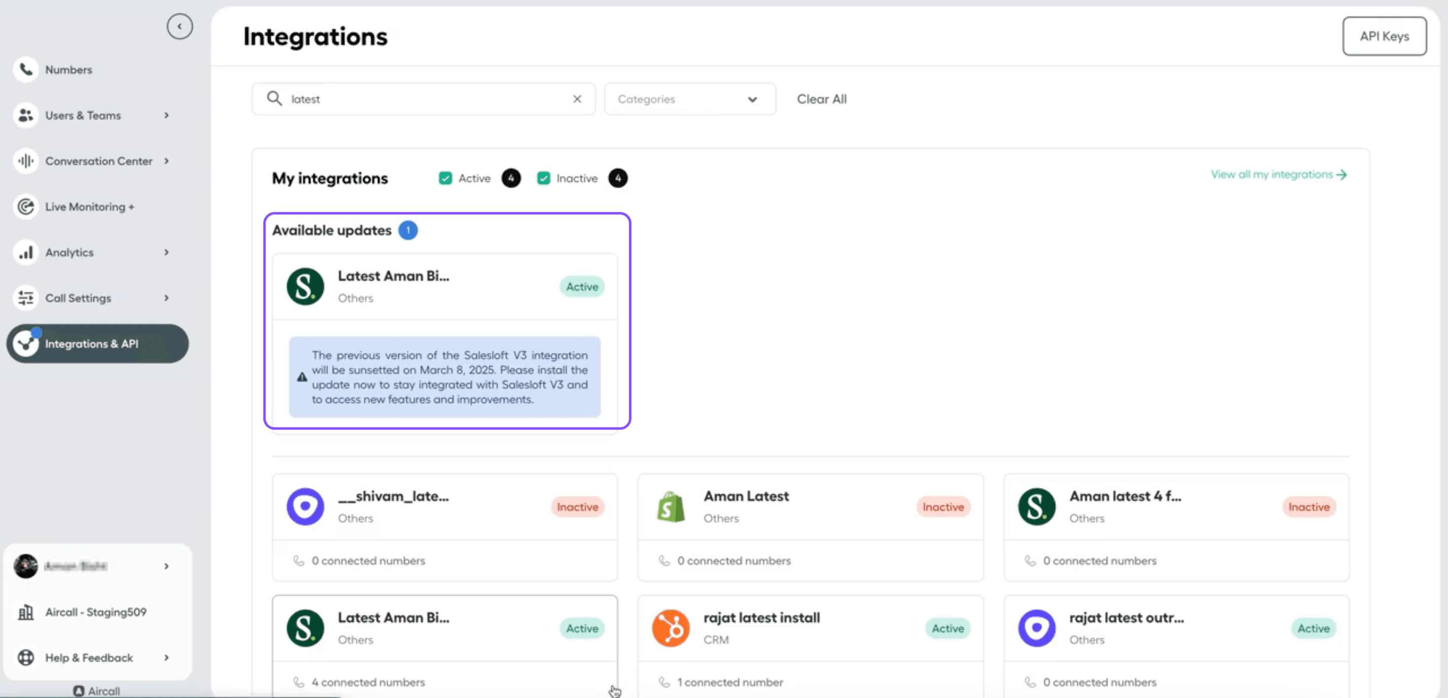 Image showing Update available card for integrations
