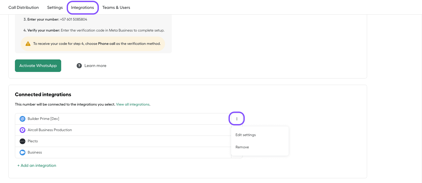 Image showing how to access Integrations from the Numbers section