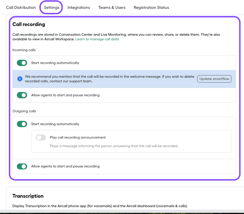 Image showing the call recording settings