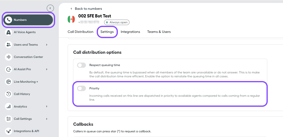 Image showing where to find the priority line feature for number configuration