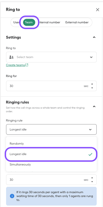 Image showing where to find the longest idle time option in smartflows - call distribution
