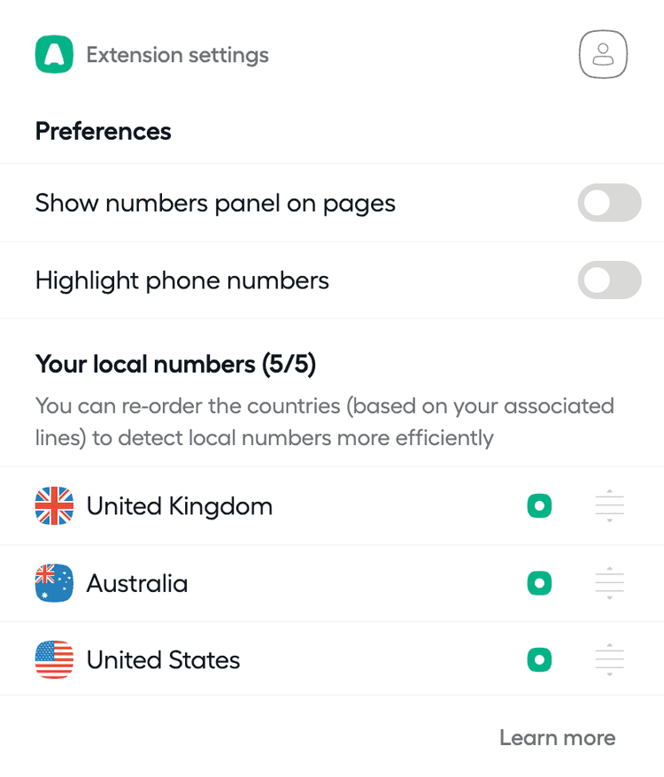 Image showing extension settings