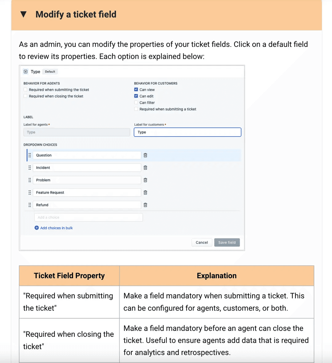 Freshdesk ticket field configuration screen with dropdown values and agent and customer behavior settings.png