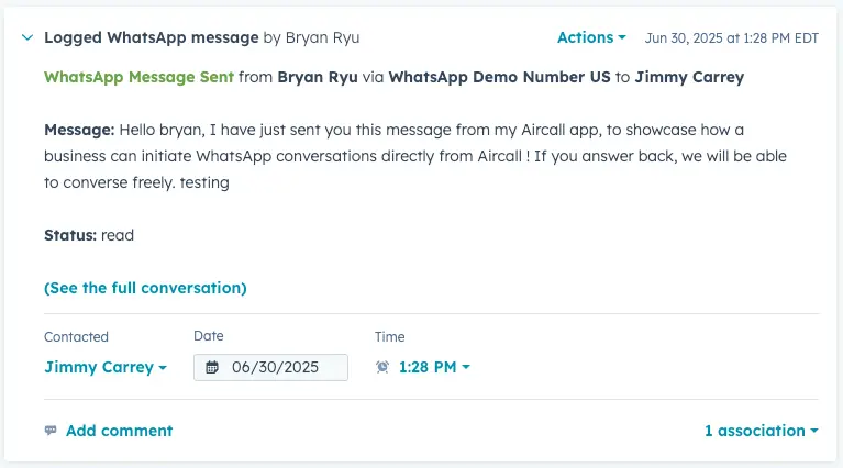 whatsapp message log details in hubspot