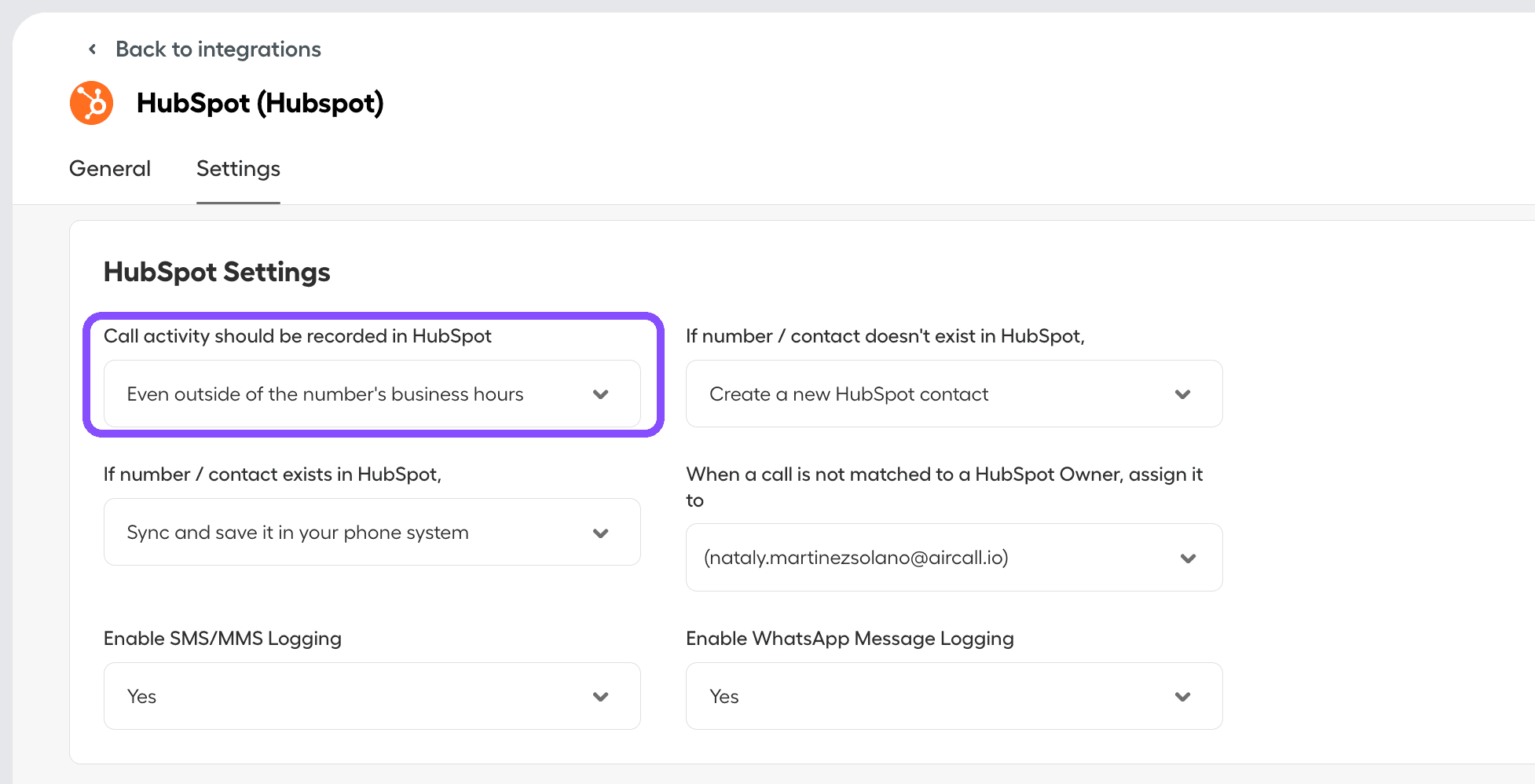 Image showing the hubSpot settings section in Aircall Dashboard