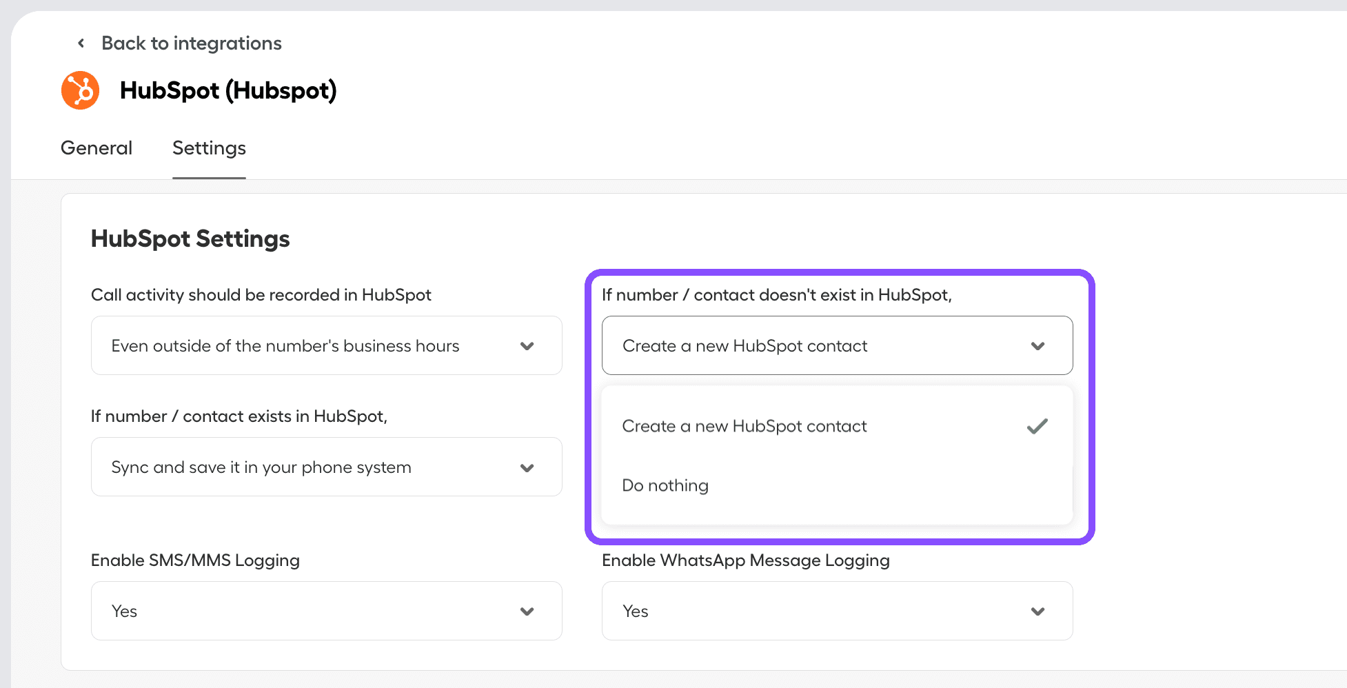 Image showing the setting 'if number / contact doesn't exist in Hubspot