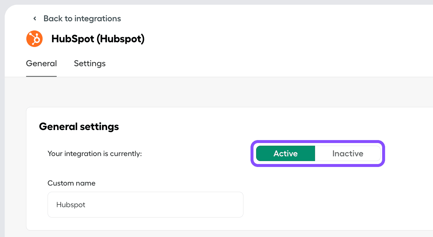 Image showing integration settings - active