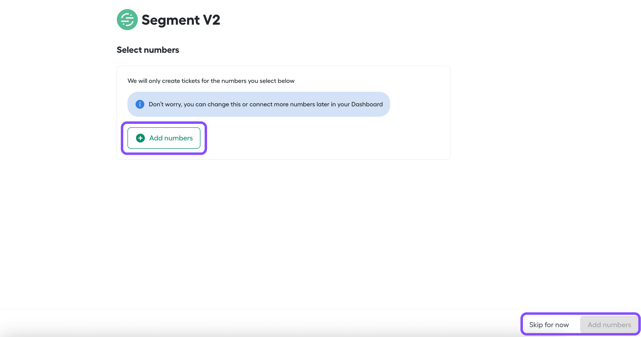 Image showing select numbers window with the Add numbers option and the Skip for now.