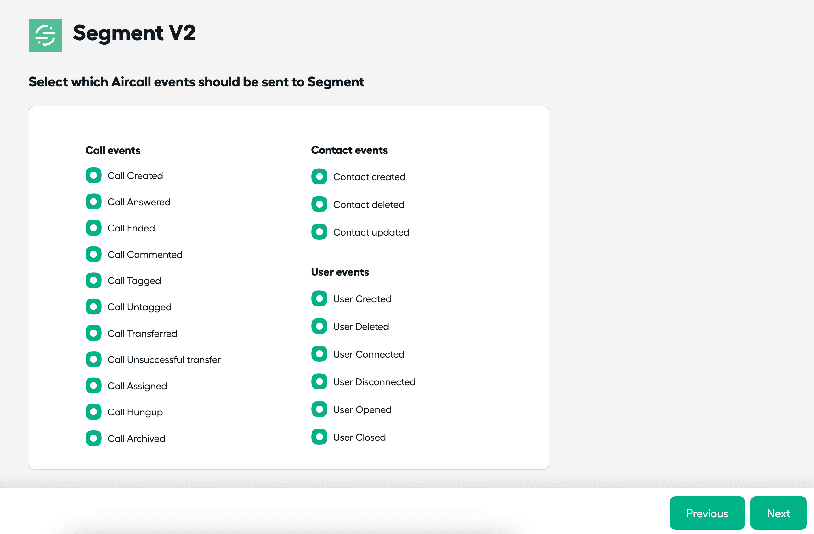 Image showing the screen to choose Aircall events