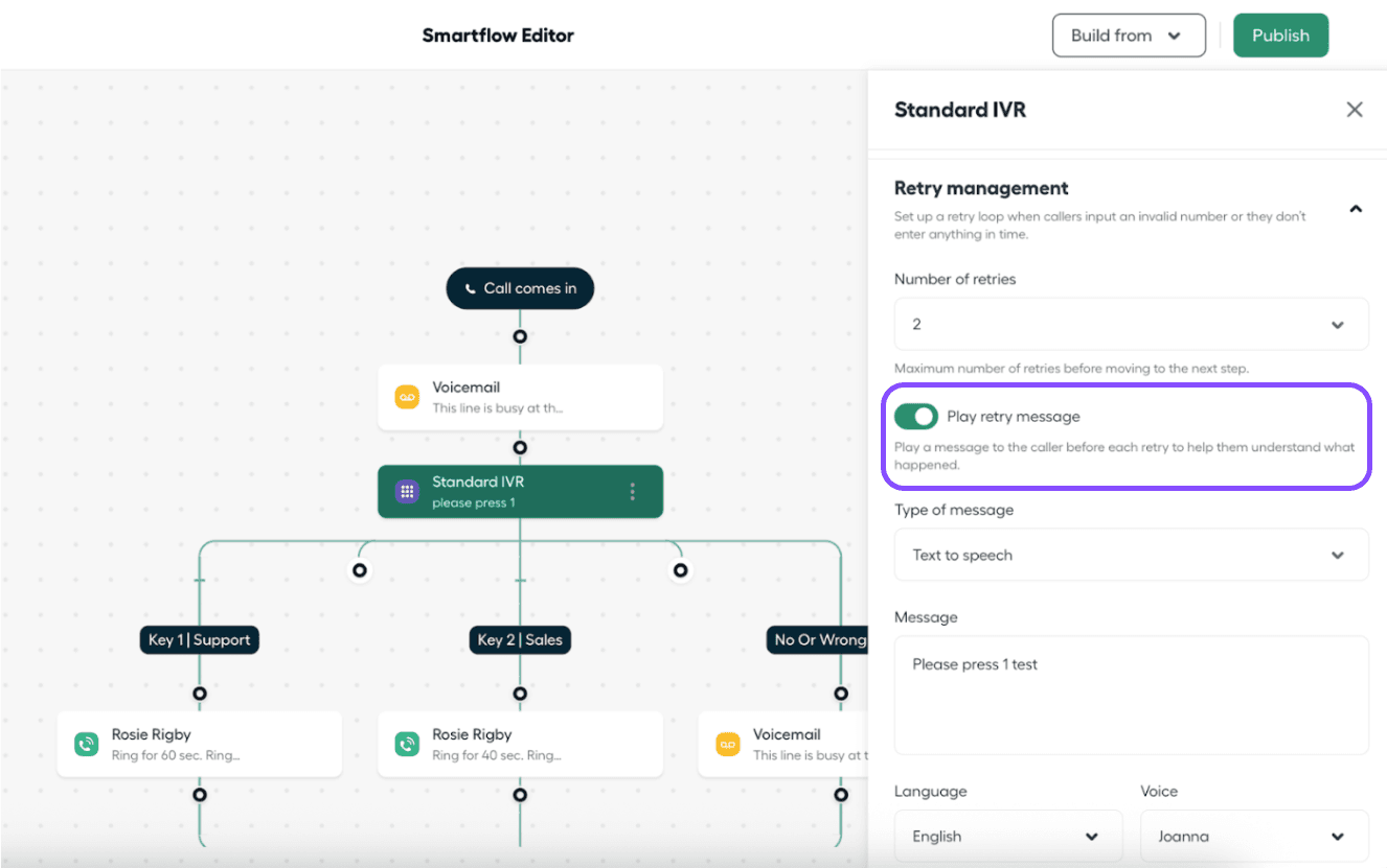 Image showing Retry management in Standard IVR widget