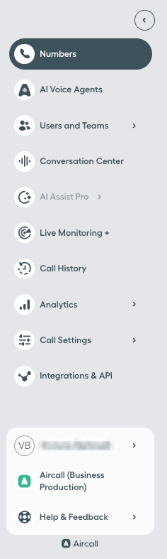 Image showing the lateral menu of the Aircall Dashboard