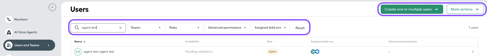 Image showing the options in the Users view