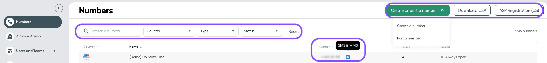 Image showing the options in the number view
