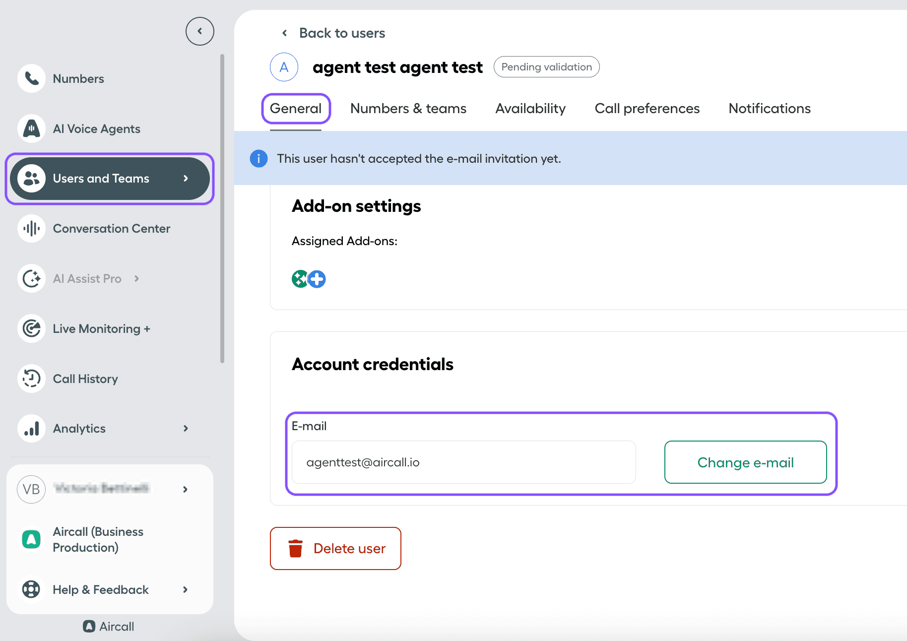 Image showing the account credentials section in the user settings general tab