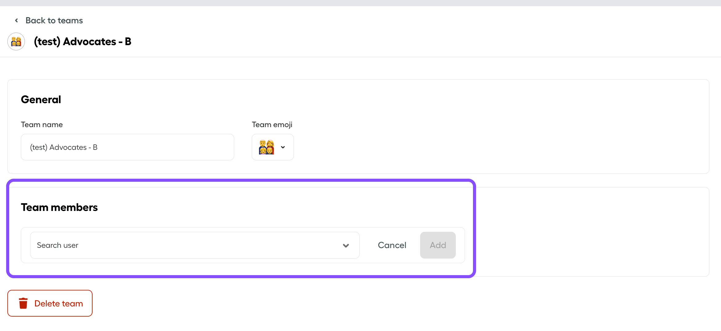 Image showing how to add users under a team