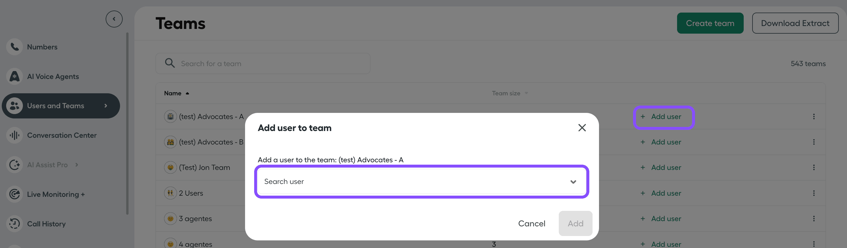 Image showing how to add users to a team directly from the teams list