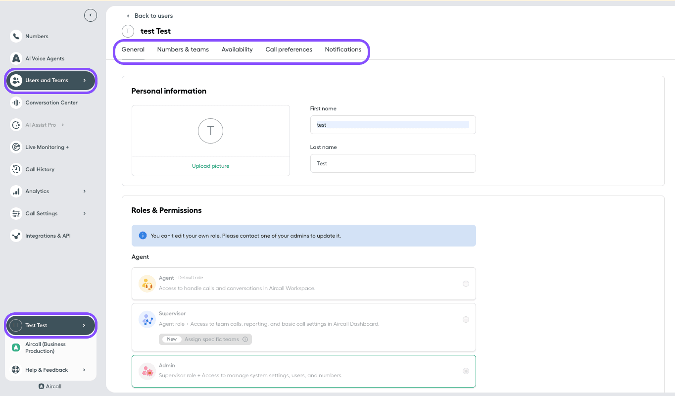 Image showing the user's settings tab