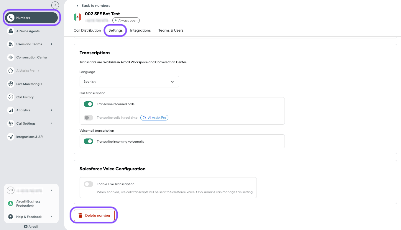Image showing how to access the delete number option