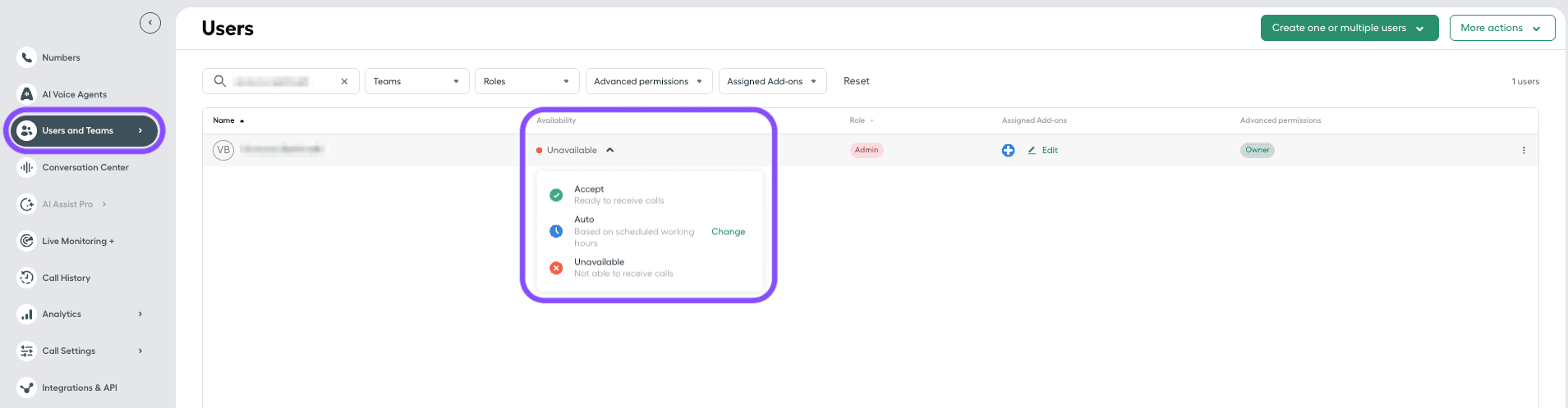 Image showing how to edit user's availability from the users list