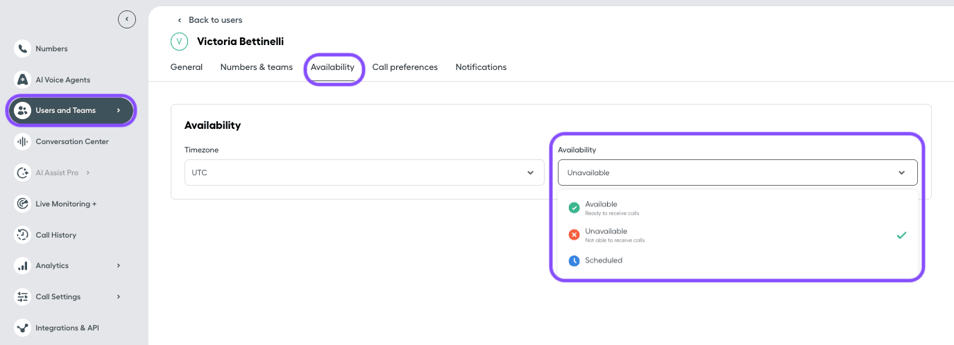 Image showing how to update availability from the user settings page