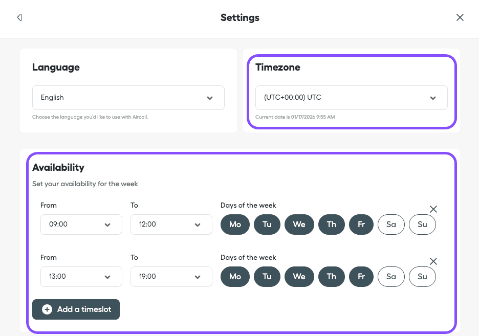 image showing where to find availability and timezone in the account settings section