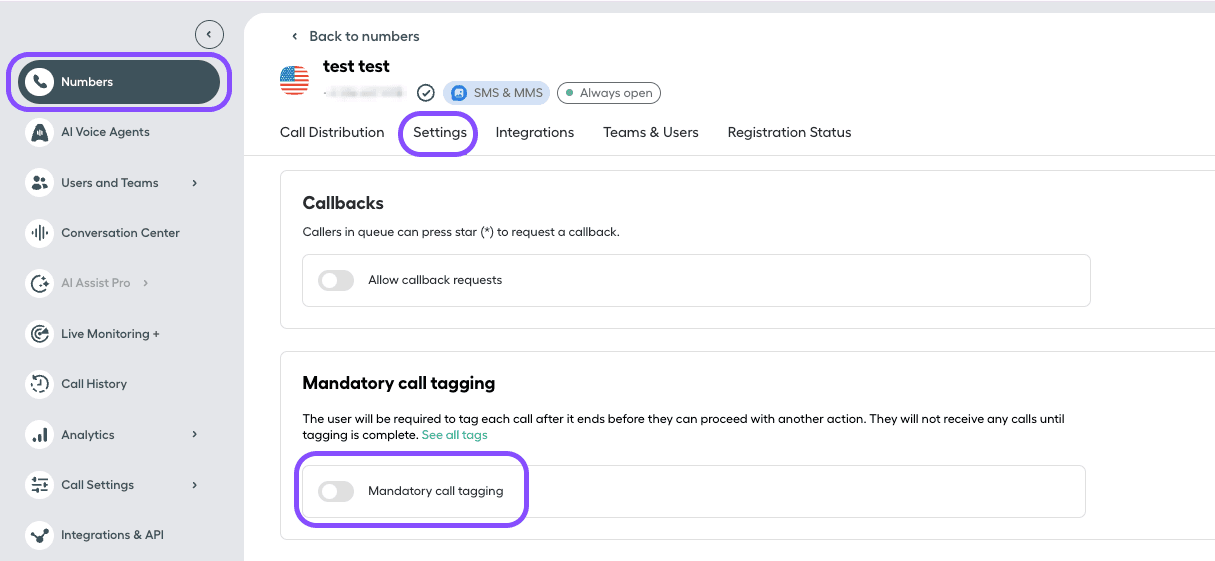 Image showing how to enable mandatory call tagging