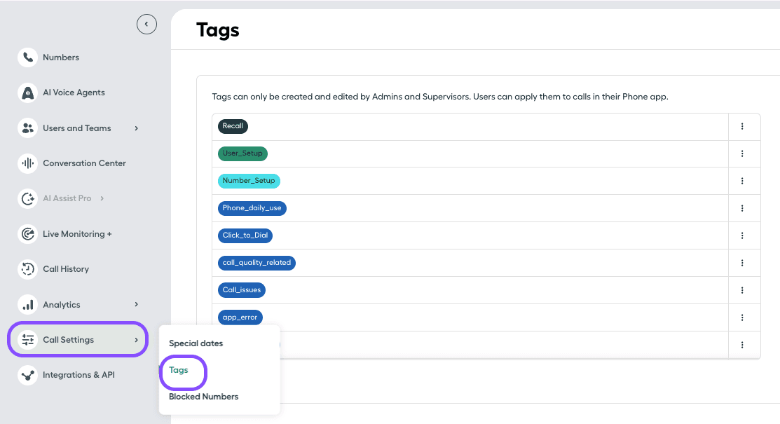 Image showing how to access tags settings section