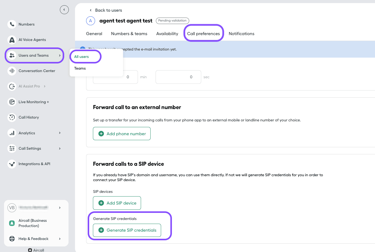 Image showing how to Generate SIP credentials in the Aircall dashboard